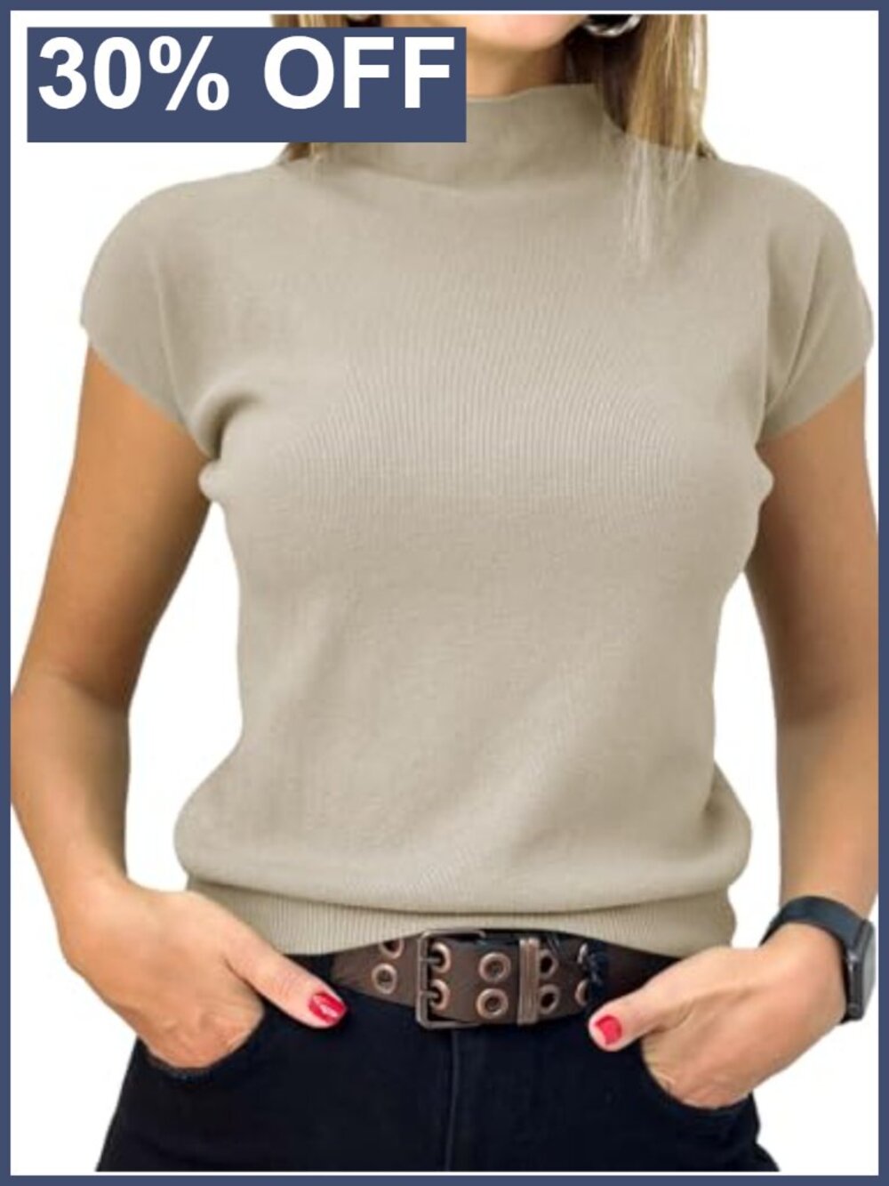 Womens Short Sleeve Mock Neck Ribbed Knit Pullover Sweater Top